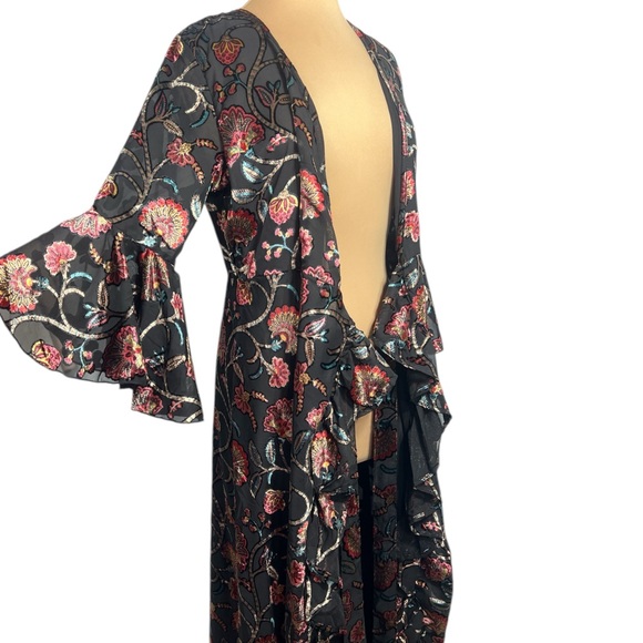 Anthropologie Talisman Black Multicolor Velvet Floral V neck Wrap Midi Dress - Picture 9 of 16